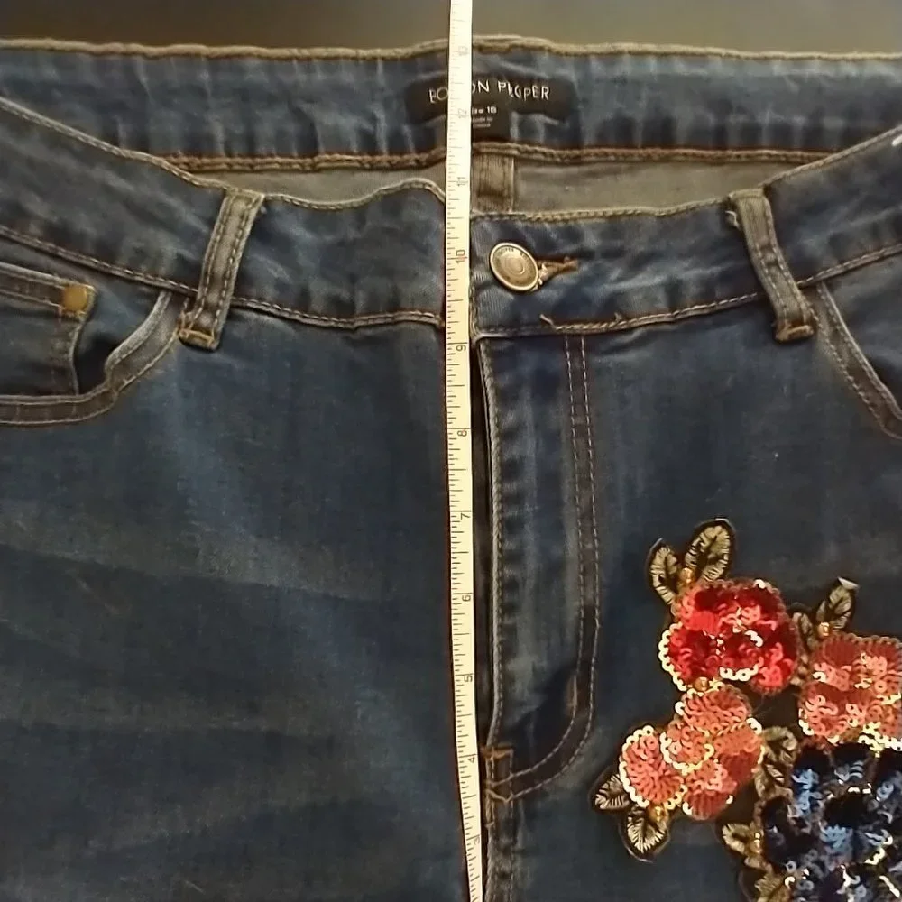 BOSTON PROPER Women's Jeans Size 16 Sequin Floral Stretch Straight Leg Pant - Picture 12 of 16